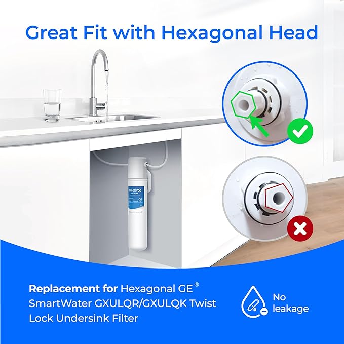 Waterdrop GXULQR, FQK1R Under Sink Replacement Filter, Replacement for Hexagonal Head GE SmartWater GXULQR, GXULQK and GXK140TNN, 2K Gallons (Pack of 1)