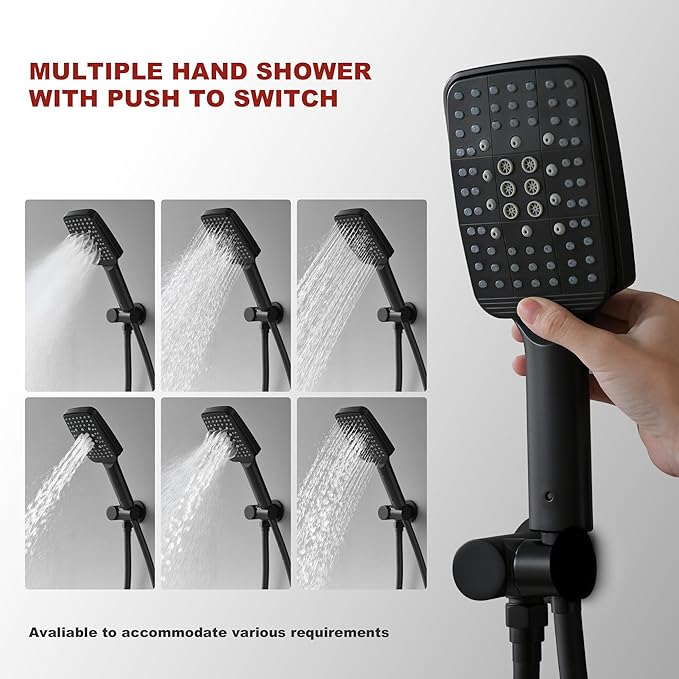 Shower Faucet Set Wall Mounted Shower head with Handheld Comb Rain System 6 Function Pressure Balance - Stainless Steel Bathroom Shower Kit Complete 12 Inch Matte Black(With Valve)