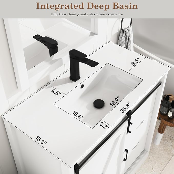36 Inch Bathroom Vanity with Sink & Faucet & Mirror, Farmhouse Bathroom Vanity Cabinet Set with Sliding Barn Door & Drawers, Small Single Bath Storage Vanity Sink, White