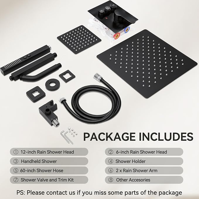 Shower Faucet Set Matte Black Shower System, 12" Ceiling Rainfall Shower and 6" Rain Shower with 2 in 1 Handheld, Can Use All at Once, Wall Mount Pressure Balance Rough-in Valve and Trim Kit
