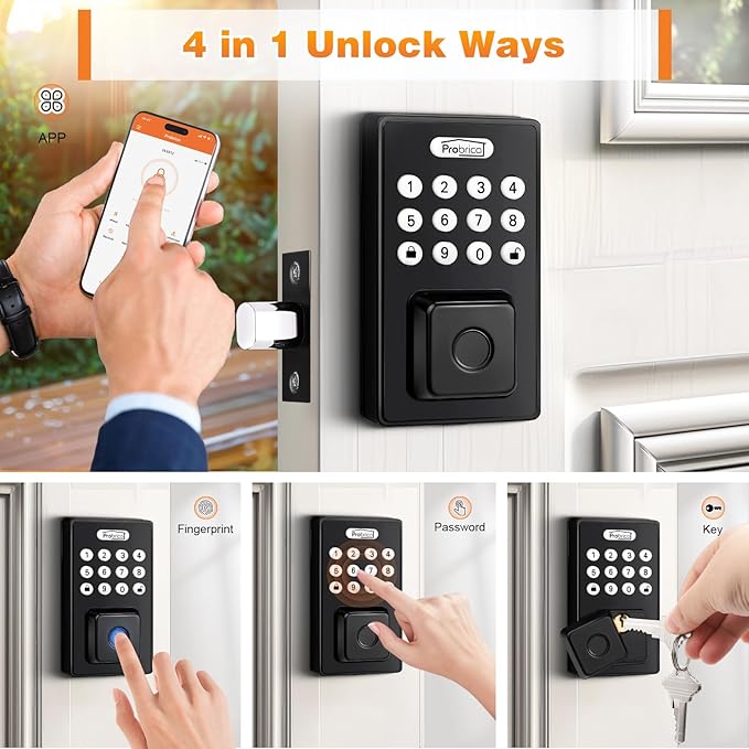 Probrico Smart Fingerprint Door Lock for Front Door, Keyless Entry Door Deadbollt Lock with Digital Keypad Code, Electronic Smart Deadbolt with App Control, Auto Lock, Bluetooth, Black