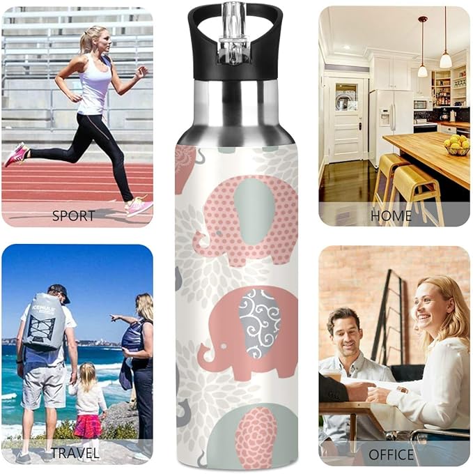 Cute Colorful Elephants Stainless Steel Water Bottle with Straw, BPA Free Reusable Leakproof Water Jug for Fitness Camping Outdoor Sports