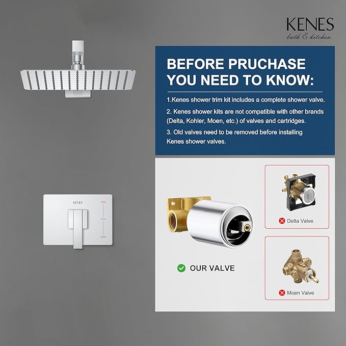 KENES Modern Polished Chrome Shower Faucet Set, Square Shower Trim Kit with Single-Spray Shower Head, Shower Trim Systems Wall Mount, KE-6024B-5 (Shower Valve Included)