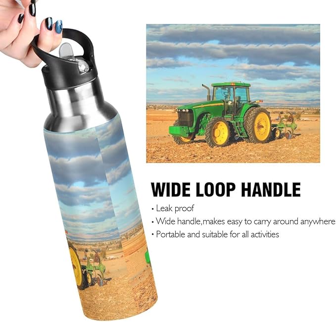 Tractor Stainless Steel Water Bottle with Straw Lid - 20 Oz Sports Insulated Water Bottle Thermos for Sport Gym Outdoor Travel School