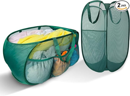 Collapsible Laundry Basket 2 pack, Mesh Pop Up Laundry Hampers with Handles, Anti-tear, Light Breathable, Odor-free, Fold Compact, Large Hold Portable Travel Laundry Bag for Home Bin, Green. H+V