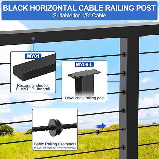 35"x2"x2" Stainless Steel Cable Railing Post, Black Top Mount Level Line Post with Grommets for Deck Railing Systems, Indoor & Outdoor Use, MY08-L