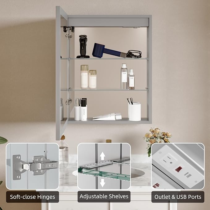 Buruis 20'' x 28'' Medicine Cabinet with Lights and Mirrors, Recessed or Wall Mounted Modern Bathroom Cabinet with 3-Mode Light, Anti-Fog, Dimmable, Memory Function, Outlet, Silver