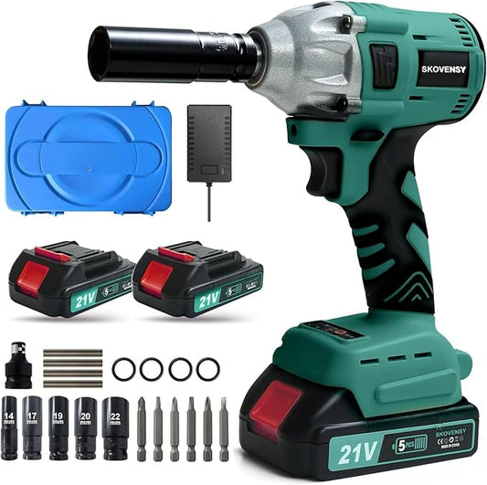 Cordless Impact Wrench, 1/2 Impact Gun, 2 Batteries, Pistola de Impacto, with 5 Sockets, Electric Impact Driver for Car Tires and Home DYL
