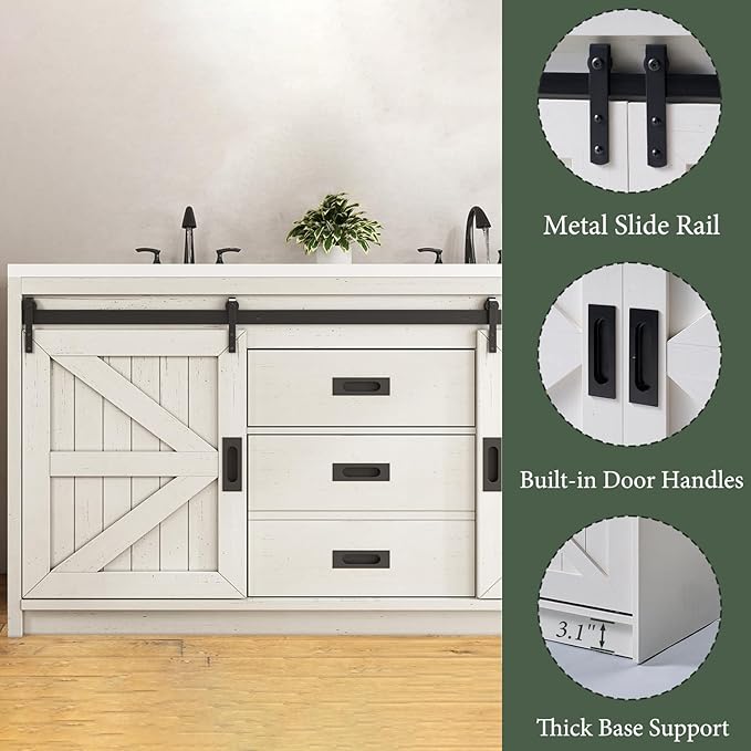 60" Farmhouse Sliding Barn Door Double Vanity with Sink Combo, Freestanding Bathroom Vanity Cabinet with Drawers & Metal Handles, Distressed White