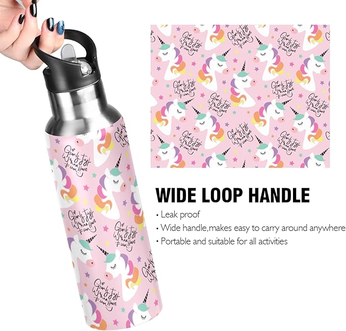 MNSRUU Insulated Water Bottle with Straw, Rainbow and Unicorns Stainless Steel Flasks for Sports Cycling Hiking School