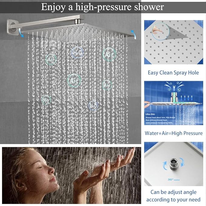 Shower Faucet Set 16 Inch Wall Mount Rain Shower System, All Metal Shower Fixtures - Brushed Nickel