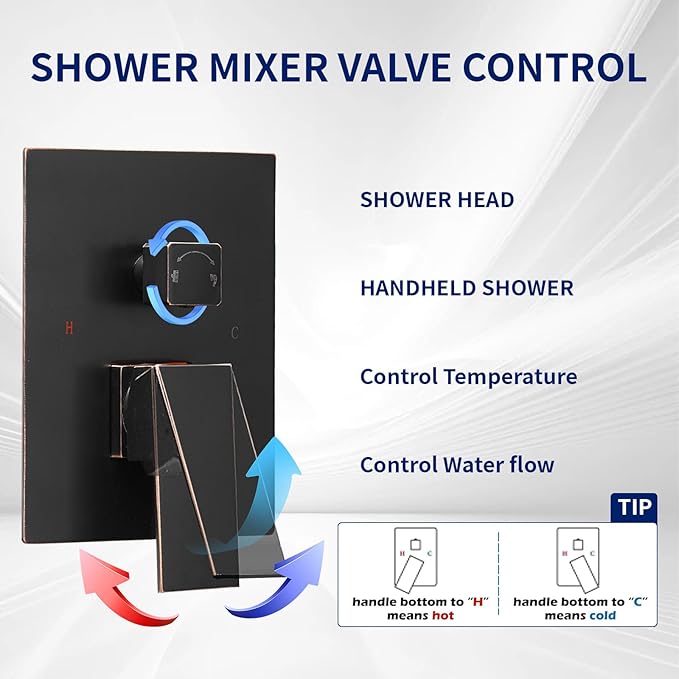 BWE Shower Faucet Oil Rubbed Bronze 12 Inch Square Bathroom Luxury Rain Mixer Shower Combo Set 2-Functions Wall Mounted Rainfall Shower Head System Rough-in Valve Body and Trim Included