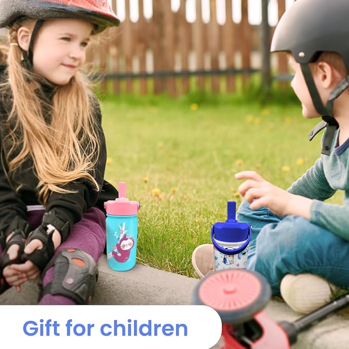 Sloth Water Bottle - Kids Water Bottle with Straw Lid - 12 Oz Insulated Stainless Steel Water Bottles for Toddlers Kid Girls - Travel Cup for School Sports