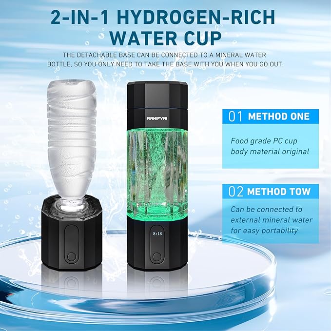 2024 New Upgrade 10000PPB Hydrogen Water Bottle Seven Colorful Light Double Anti-Slip and Leak-Proof Hydrogen Water Generator with Pressure Relief Valve-Black
