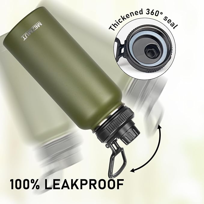 Stainless Steel Water Bottles 32oz Insulated Water Bottle with Straw&3 Lids Double Walled Sports Metal Thermos Water Bottle Cup Leak-Proof Vacuum Insulated Bottles Travel (Army Green)