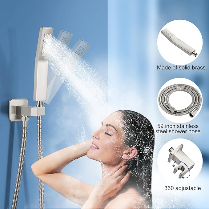 NERDON Shower System, 12 Inch Brushed Nickel High Pressure Shower Head with Rain Handheld Combo Set, Ceiling Mounted Dual Shower Head System, Bathroom Shower Faucet Set Rough-in Valve Body and Trim