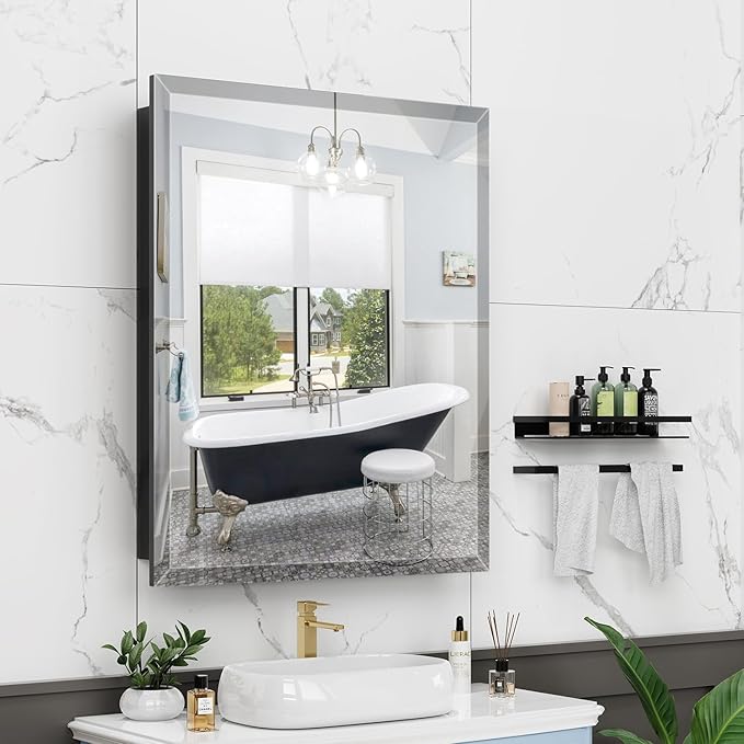 24X30 Inches Medicine Cabinet, Wall Mounted Bathroom Cabinet wirh Beveled Mirror, Recessed or Surface Medicine Cabinet with Storage
