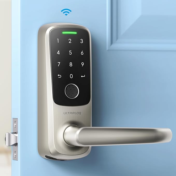 ULTRALOQ Latch 5 Smart Lock, Built- in WiFi 6 Fingerprint Door Handle Lock, Biometric Keyless Entry Door Lever with App, Digital Touchscreen Keypad, Smart Locks for Front Door, App Remote Control