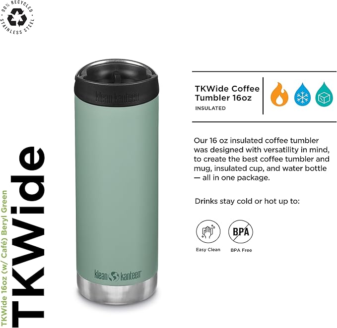 KLEAN KANTEEN TKWide Insulated Coffee Tumbler with Café Cap - Stainless Steel Coffee Tumbler - 16 Oz, Beryl Green