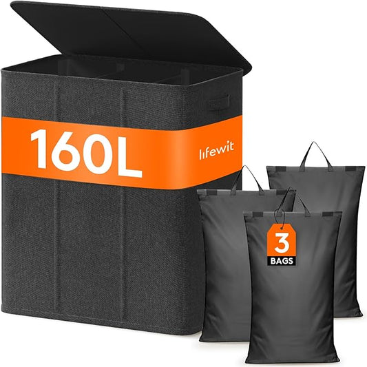 Lifewit Triple Laundry Hamper with Lid and Removable Laundry Bags, Large Collapsible 3 Dividers Dirty Clothes Basket with Handles for Bedroom, Laundry Room, Closet, Bathroom, College, 160L Dark Gray