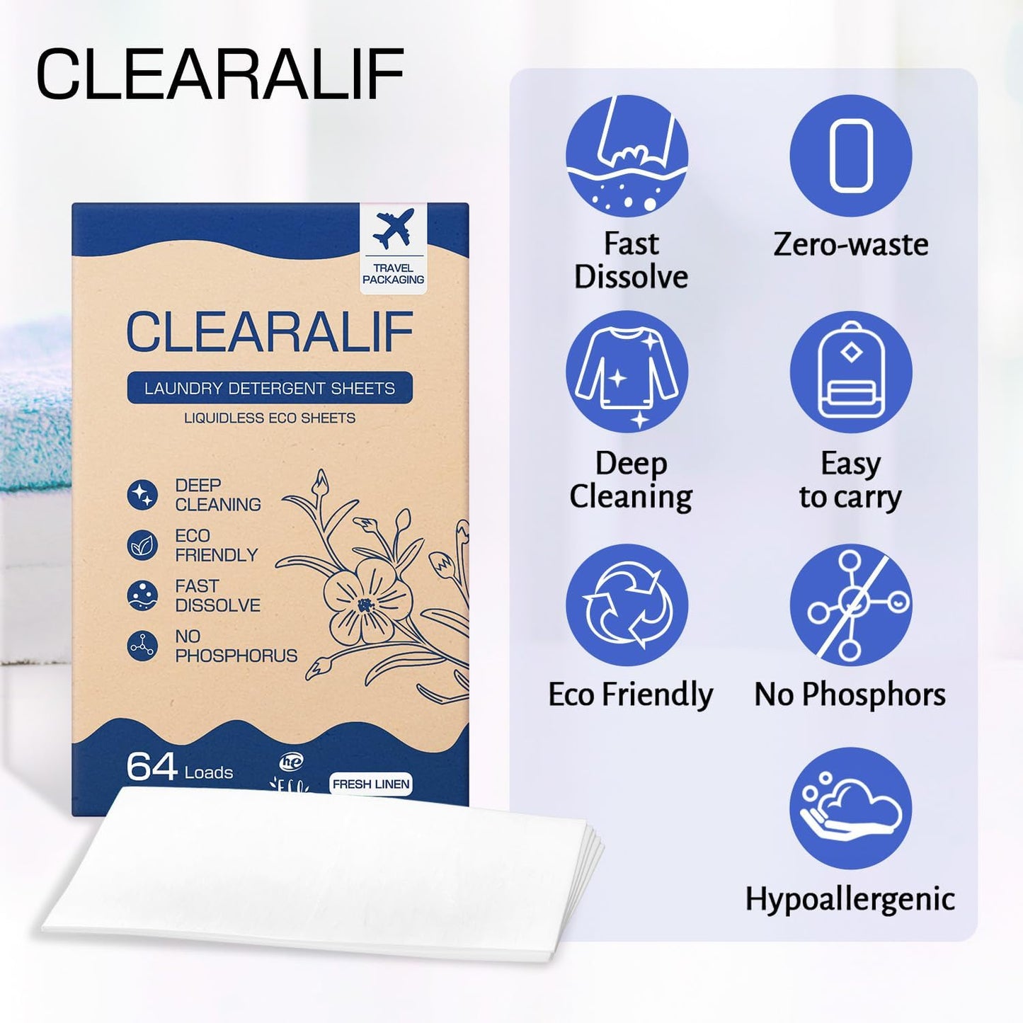 CLEARALIF Laundry Detergent Sheets, Fresh Linen, 64 Load, CLEARALIF Laundry Detergent Strips Eco Friendly & Hypoallergenic