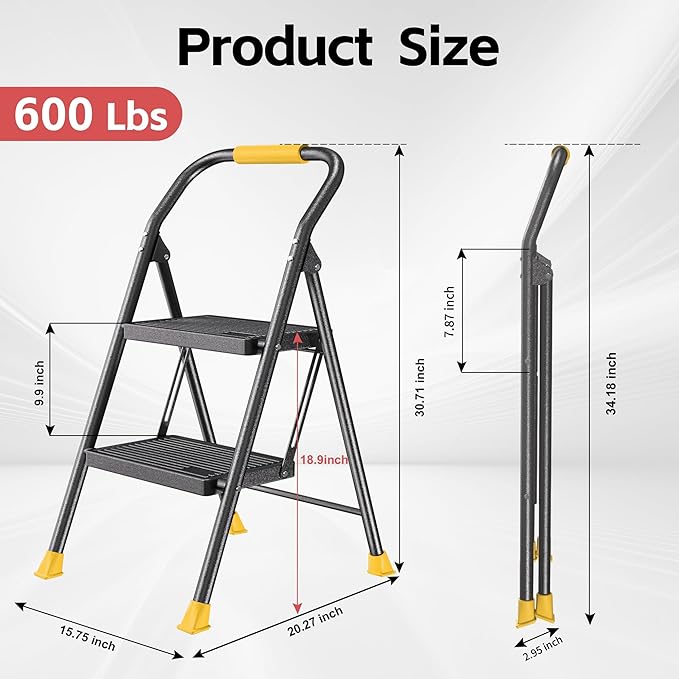 Step Ladder Foldable Folding Stool - for Home Adults Kitchen 2 Stepping Extension Tall Heavy Duty with Handrails - Closet Stepstool Stair Ladders Extendable Stepladder for Indoor House 600Lbs