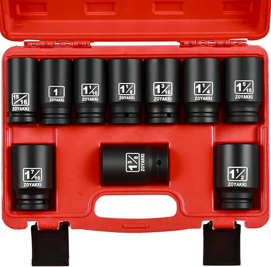 10 PCS 3/4" Drive Impact Lug Nut Socket,Standard SAE Size(15/16" to 1-1/2"),Deep Socket Set CR-MO Material Adapter Setwith Durable Case for lmpact Driver Conversions(Upgraded)
