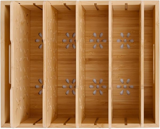 Natural Bamboo Storage Tray with 5 Custom Dividers, Deep Drawer Organizer for Kitchen, Small Cabinets, Home Office & Living Room