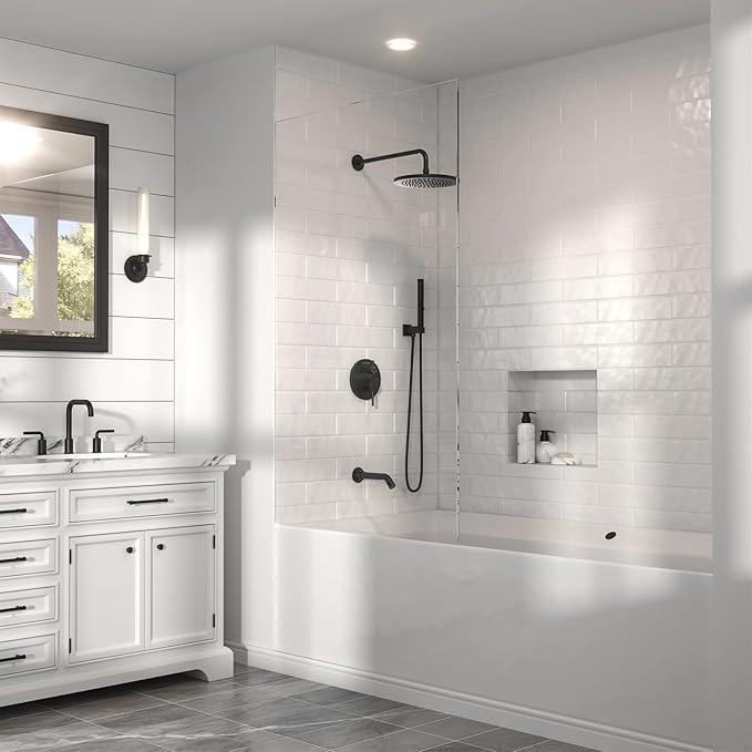 Lava Odoro Modern 3-Setting Round Rain Bathtub and Shower Faucet Set, Black Rainfall Shower Head and Handle Set, Rain Shower System with Tub Spout, Shower Valve Trim Kit, Matte Black, SF104-MB-T