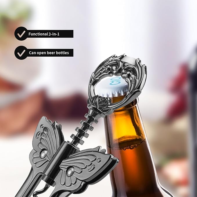 Wine Opener, 3 in 1 Zinc Alloy Premium Wing Corkscrew Wine Bottle Opener with Multifunctional Bottles Opener and Serrated Foil Cutter for Wine and Beer (Black)