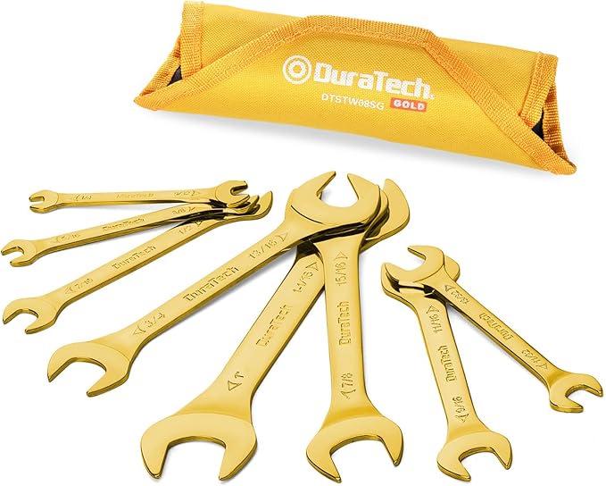 DURATECH Super-Thin Open End Wrench Set, SAE, 8-Piece, 1/4" to 1-1/16", Titanium Plating, with Rolling Pouch