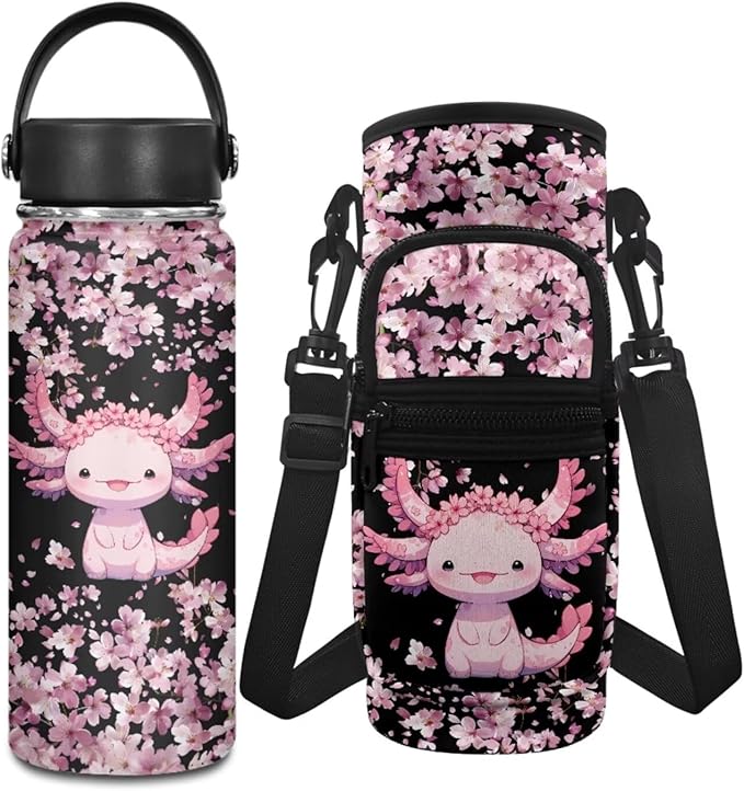 Axolotl Stainless Steel Water Bottle 20 OZ Cherry Blossom Insulated Water Bottle Carrier Sling Bag Water Bottle Pouch Adjustable Strap