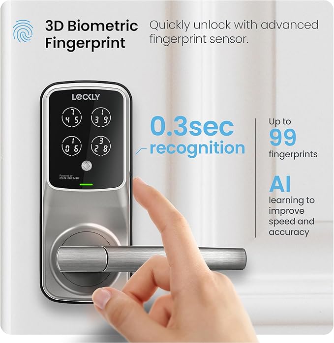 Lockly Secure Pro Smart Lock Wi-Fi, Keyless Entry Digital Keypad Door Lock, 3D Biometric Fingerprint Sensor Front Door with Handle, Voice Control & Auto Lock - Latch Edition