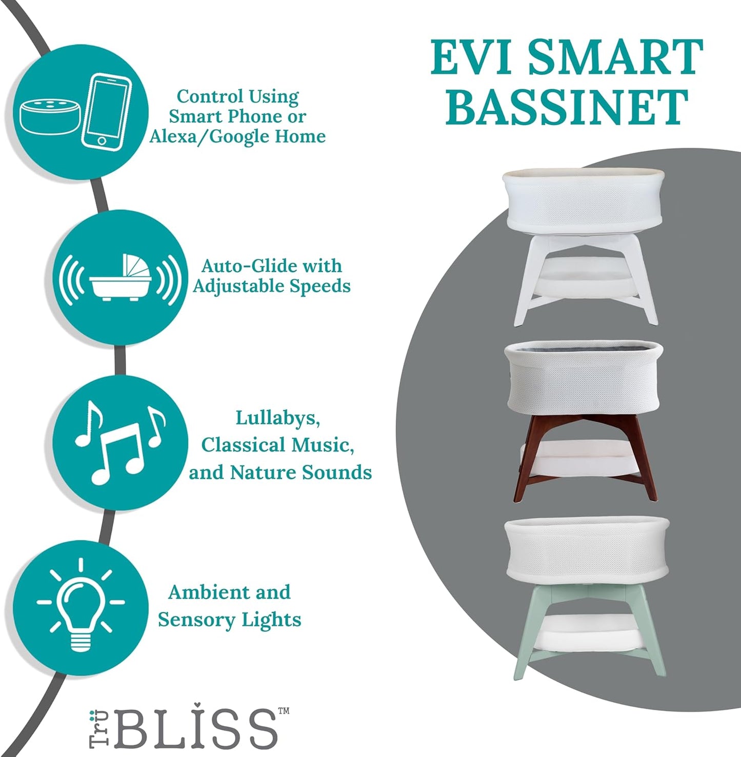 Evi Smart Baby Bassinet Beside Sleeper with Auto-Glide, Ambient Nightlight & Sensory Sounds, Compatible with Alexa and Google Home, Includes 2 Sheets (White w/Mint Green Base)