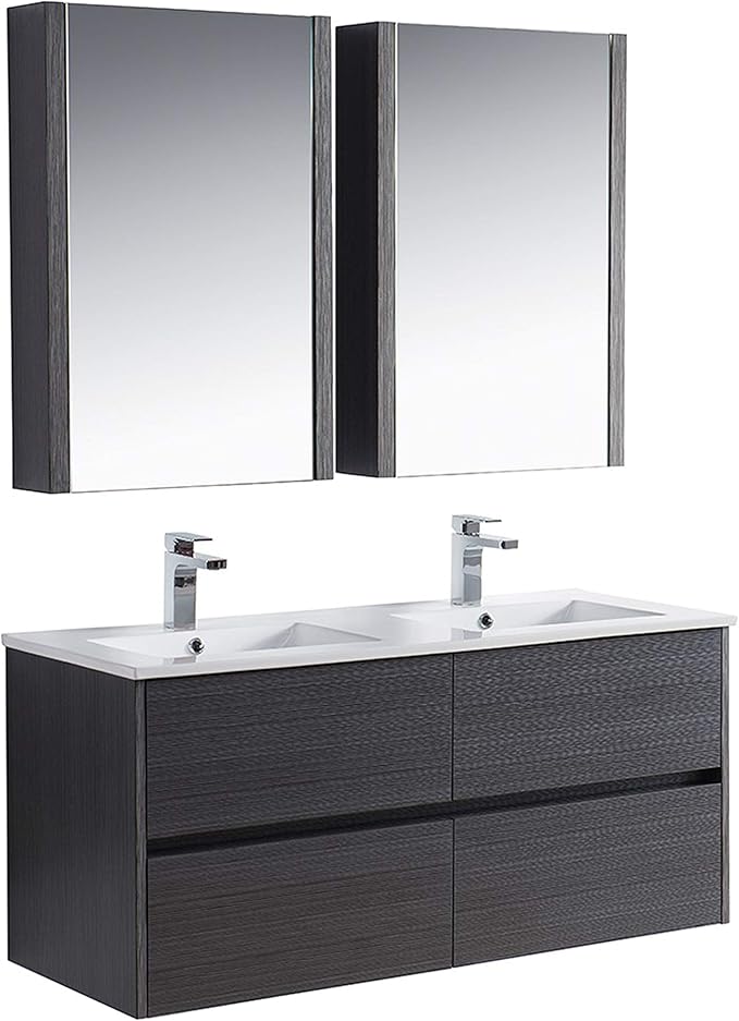 Blossom Valencia Bathroom Vanity with Double Ceramic Sinks and Mirror Medicine Cabinet | All Wood Floating Vanity Cabinet | 2x2 Soft-Closing U-Shaped Cutout Drawers | 48 Inch, Silver Grey