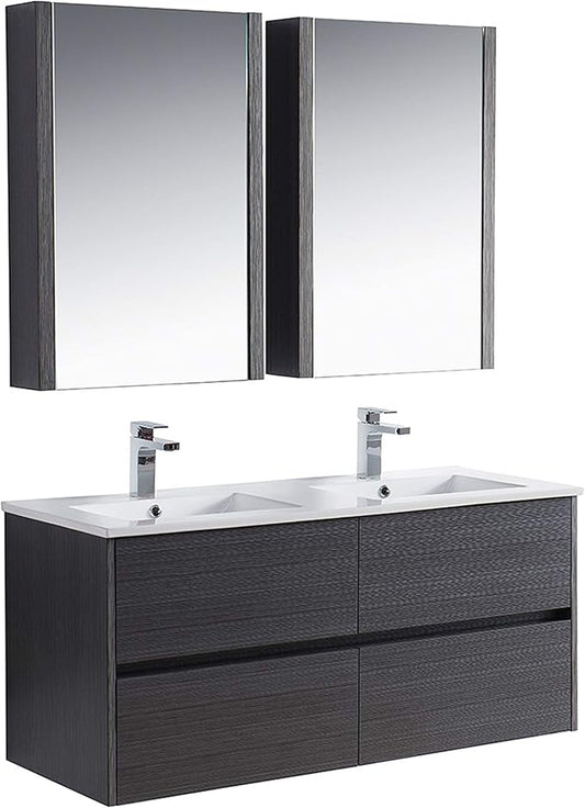 Blossom Valencia Bathroom Vanity with Double Ceramic Sinks and Mirror Medicine Cabinet | All Wood Floating Vanity Cabinet | 2x2 Soft-Closing U-Shaped Cutout Drawers | 48 Inch, Silver Grey