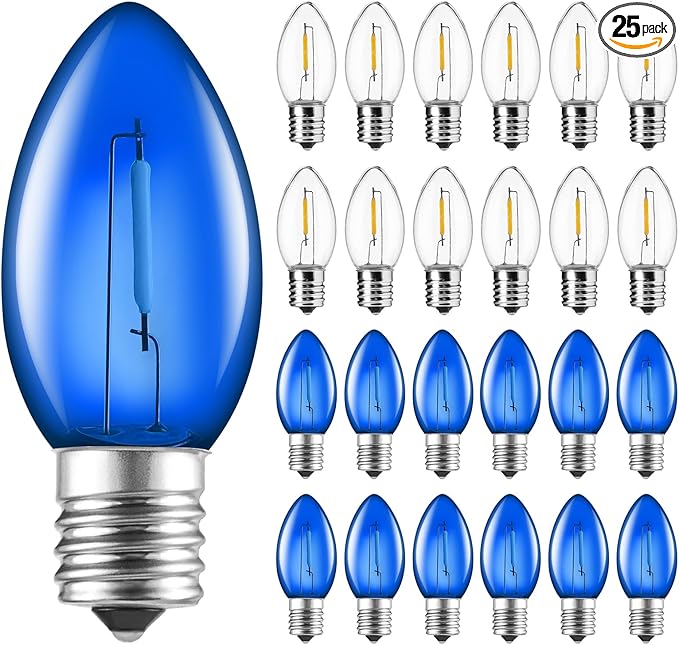 Brightown 25 Pack C9 LED Christmas Light Bulbs, Blue and Pure White Plastic C9 Shatterproof LED Bulbs Replacement for Christmas String Lights, E17 Intermediate Base