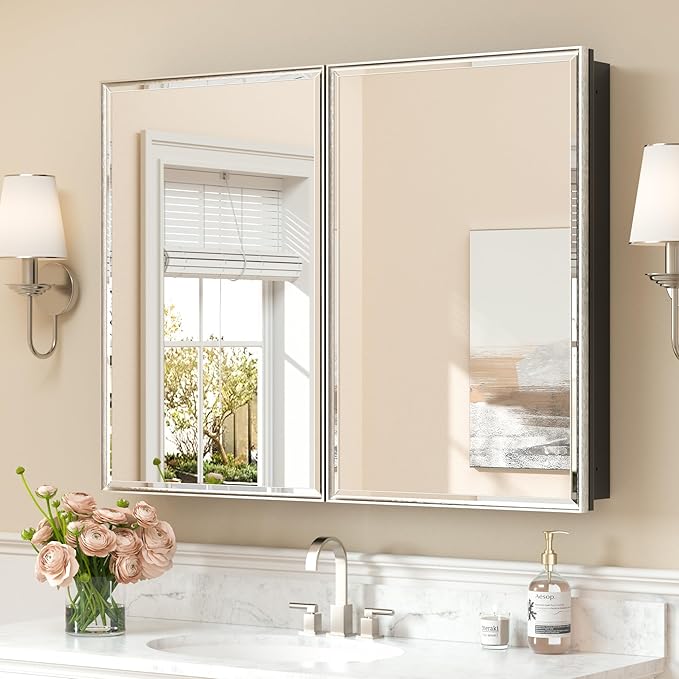 Keonjinn 40" x 30" Medicine Cabinets with Mirror for Bathroom, Brushed Nickel Recessed or Surface Wall-Mounted Aluminum Alloy Framed Beveled Mirror, Farmhouse Bathroom Mirror with Storage Cabinet