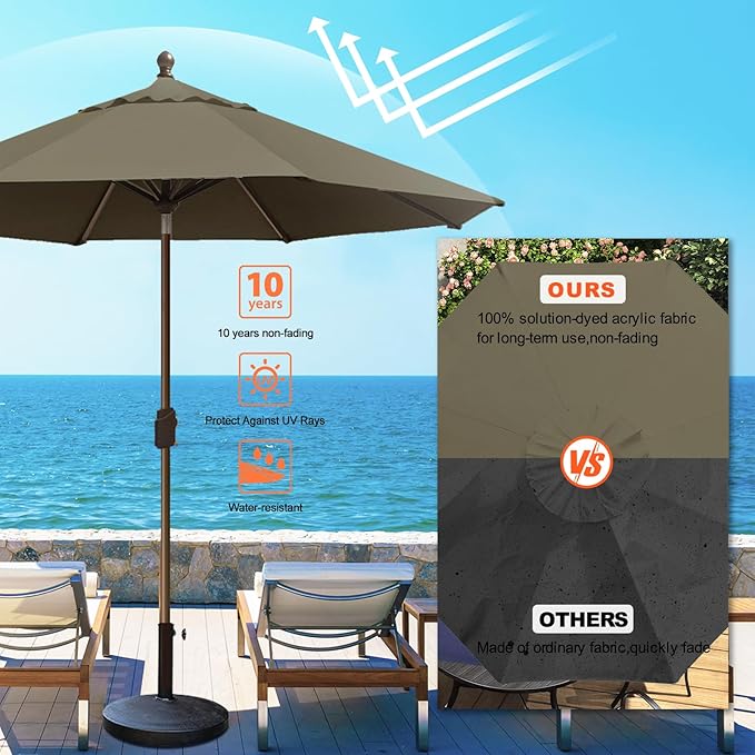 Eurmax USA 10-Year-Non-Fading 10Ft Market Umbrella Outdoor Patio Umbrella Table Umbrella with 8 Ribs,Hand Crank and Ventilation (Taupe)