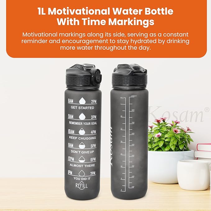 KOSAM Water Bottle 1L Sports Water Bottle with Motivational Time Marker & Straw, Dishwasher Safe Leak-proof Drink Bottle BPA Free Non-Toxic Tritan Material 1 Click Open for Running Gym