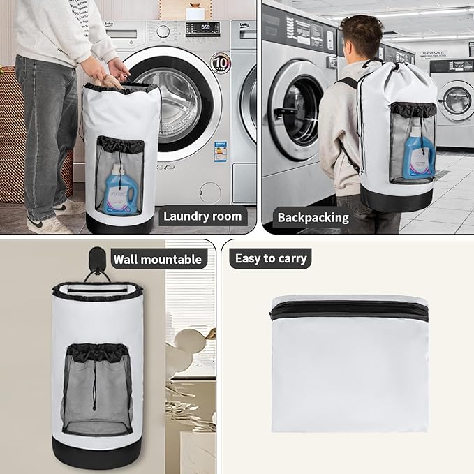 Laundry Bag Backpack with Shoulder Straps and Mesh Pocket Foldable Laundry Hamper for College, Apartment, Laundromat (White)