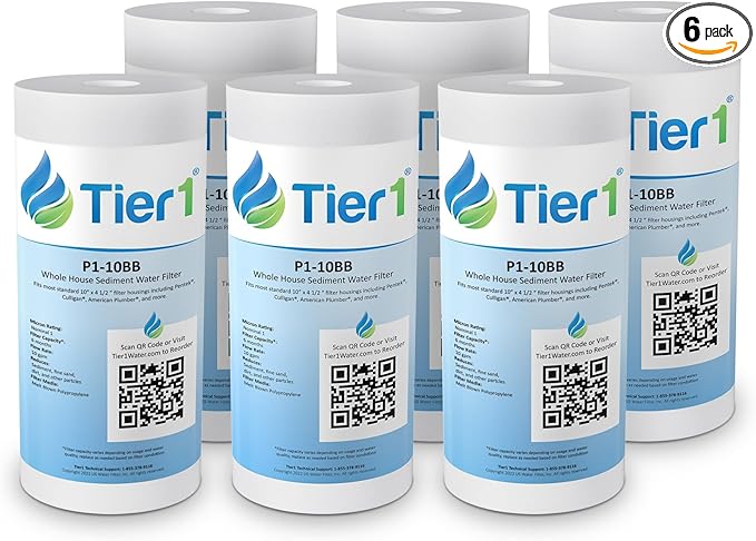 Tier1 1 Micron 10 Inch x 4.5 Inch | 6-Pack Spun Wound Polypropylene Whole House Sediment Water Filter Replacement Cartridge | Compatible with Pentek DGD-2501, 155359-43, Home Water Filter