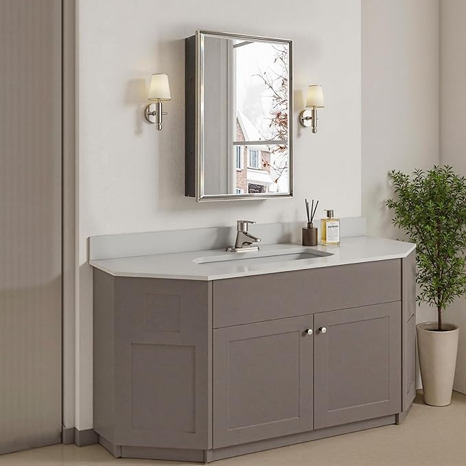 Brushed Nickel Medicine Cabinet, 16''x 24'' Recessed or Surface Framed Medicine Cabinet with Beveled Mirror Pre-Assembled, Reversible Bathroom Storage Vanity Cabinet with Adjustable Shelves