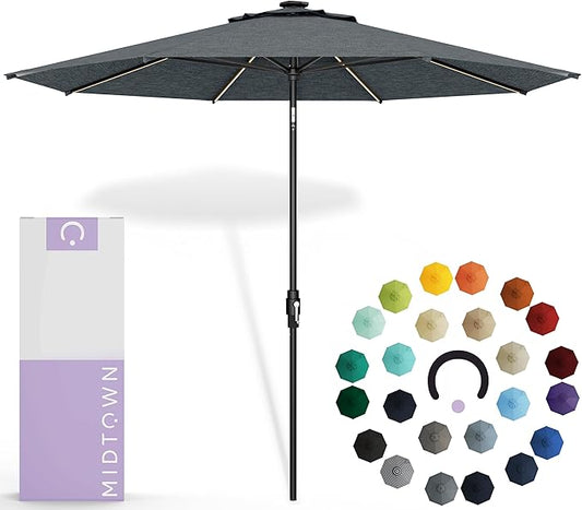 Midtown Umbrellas Led Swilt Sunbrella Umbrella 9 Ft Patio Umbrella With Sunbrella Cast Slate Acrylic Fabric - Deck Patio Umbrella, Backyard Umbrella, Garden Umbrella & Pool Umbrella - Black Pole