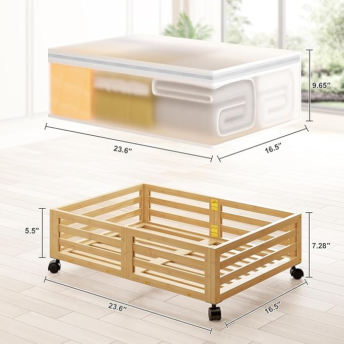 Under Bed Storage Containers With Wheels - 2 Pcs Bamboo Wood Rolling Underbed Shoe Storage Bins With Dust Bags for Clothes Blankets, Duvet Covers Snacks Toys (Natural)