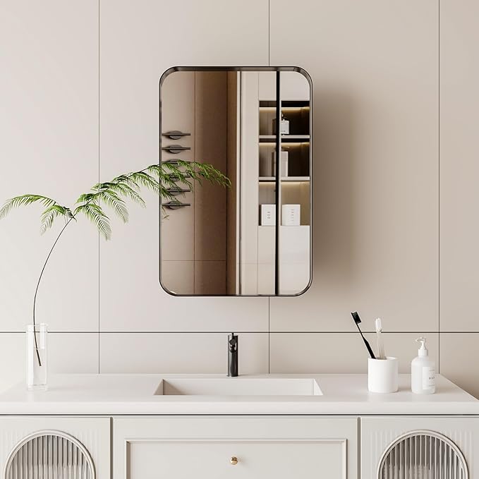 16x24 Inch Recessed Medicine Cabinet with Mirror and Adjustable Shelves,Wall Mounted Mirror Cabinet with Black Metal Framed and Storage for Bathroom (Black)