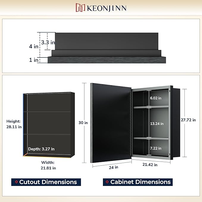 Keonjinn 24” x 30” Black Bathroom Medicine Cabinets with Mirror Recessed or Surface Wall-Mounted Aluminum Alloy Metal Framed Beveled Bathroom Mirror, Large Single Door Farmhouse Storage Cabinet Mirror