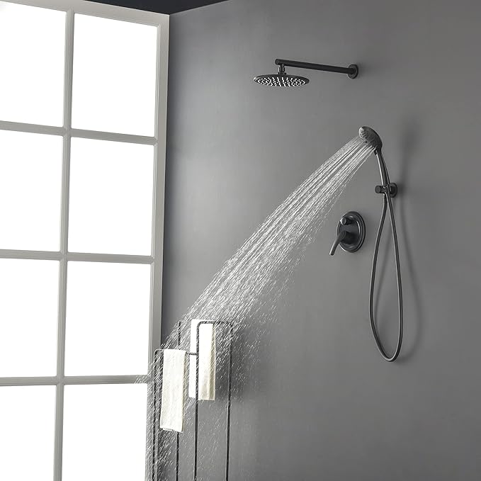 SHAMANDA Shower Faucet Set, Wall Mounted Shower System with High Pressure 9" Rain Shower head and 5-Setting Handheld Shower Head(Pressure Balance Round-In Valve and Trim Included), Matte Black, L01-7