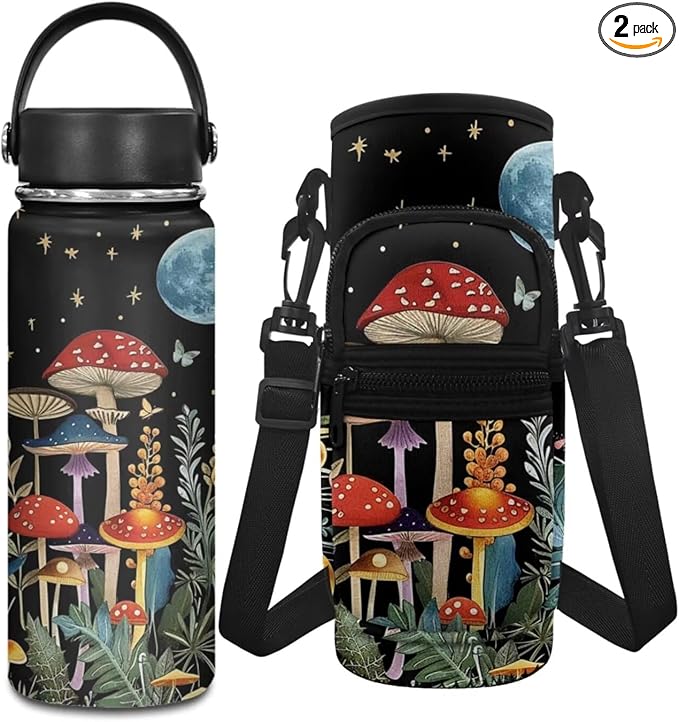 Mushroom Girls Stainless Steel Water Bottle 18 OZ Hot Water Bottle Moon 2 Pcs Water Bottle Holder Carrier Sling Water Bottle Pouch Sleeve