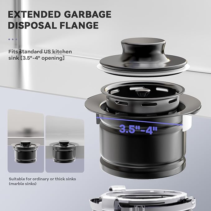 KONE Extended Garbage Disposal Flange with Strainer and Stopper, Deep 304 Stainless Steel Kitchen Sink Flange for 3-1/2 Inch Standard Sink Drain, Convenient for Water Storage and Drainage Black